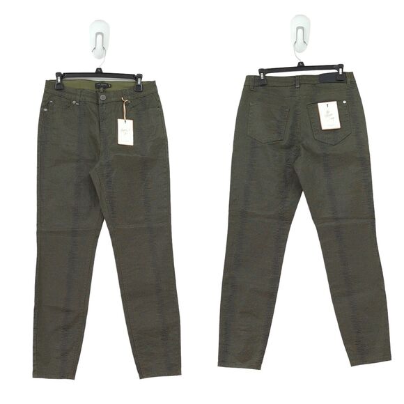 Ted Baker Women 29 Shiney Skinny Jeans Khaki Green Crocodile Effect NEW - Picture 2 of 9